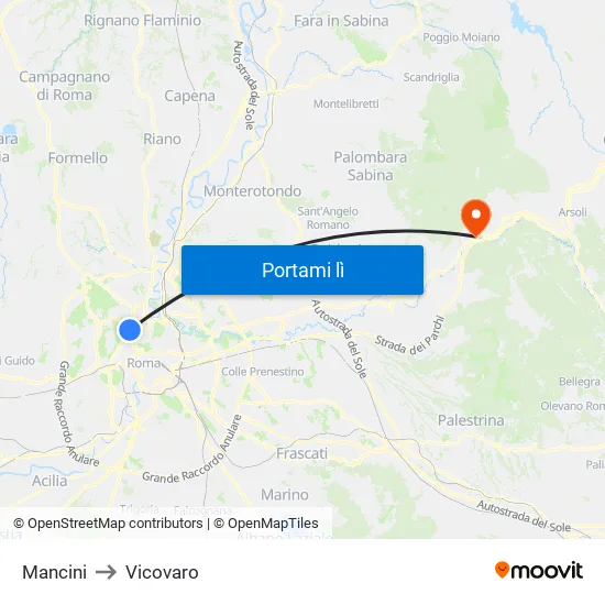 Mancini to Vicovaro map