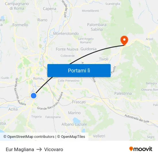 Eur Magliana to Vicovaro map