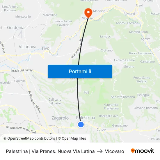 Palestrina | Via Prenes. Nuova Via Latina to Vicovaro map