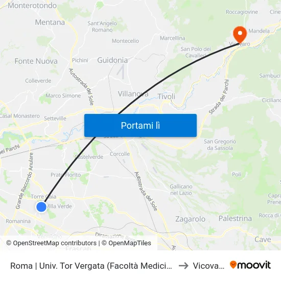 Roma | Univ. Tor Vergata (Facoltà Medicina) to Vicovaro map