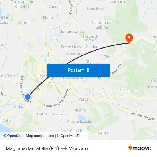 Magliana/Muratella (Fl1) to Vicovaro map