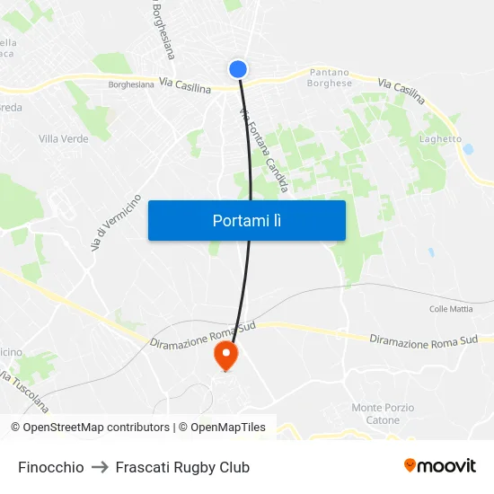 Finocchio to Frascati Rugby Club map