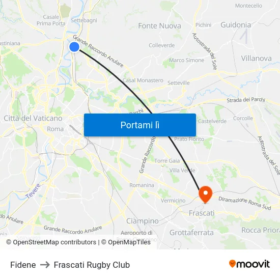 Fidene to Frascati Rugby Club map