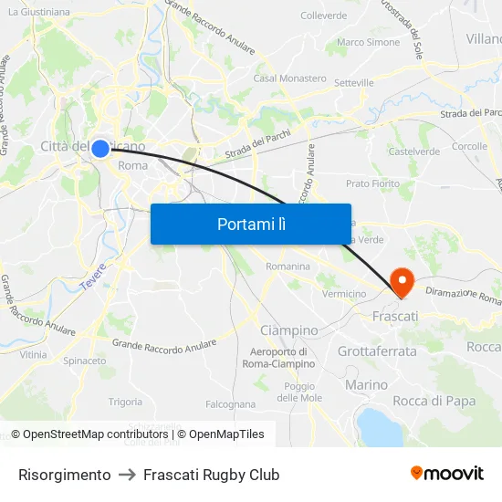 Risorgimento to Frascati Rugby Club map