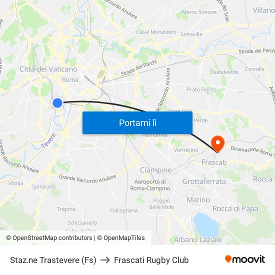 Staz.ne Trastevere (Fs) to Frascati Rugby Club map