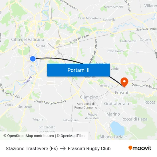 Stazione Trastevere (Fs) to Frascati Rugby Club map