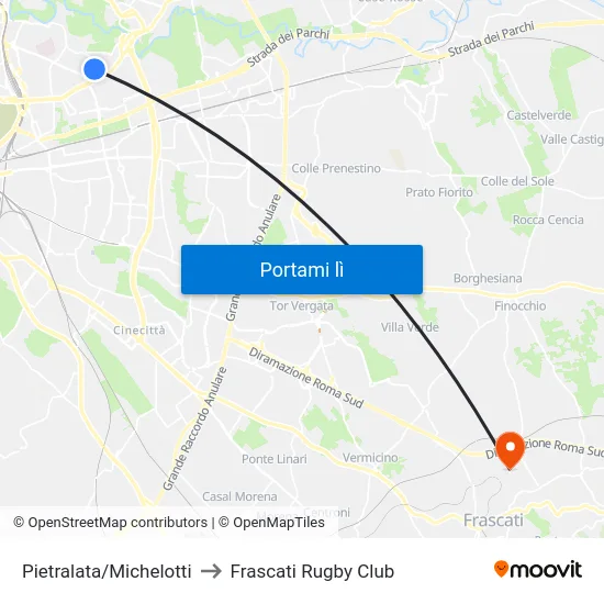 Pietralata/Michelotti to Frascati Rugby Club map