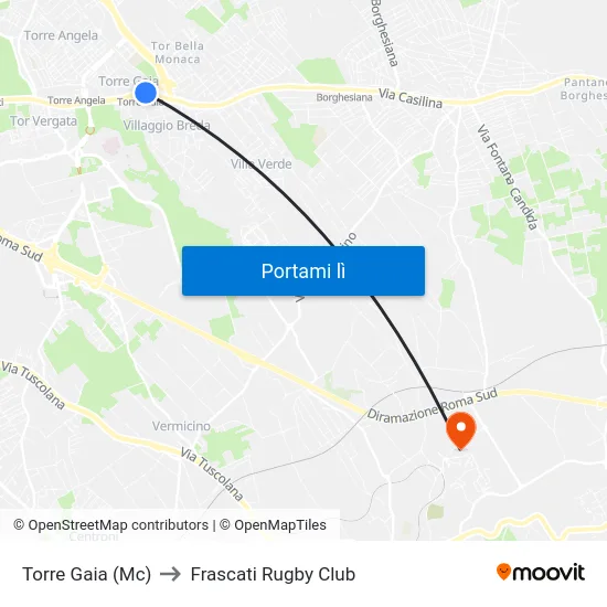 Torre Gaia (Mc) to Frascati Rugby Club map