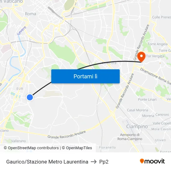 Gaurico/Stazione Metro Laurentina to Pp2 map