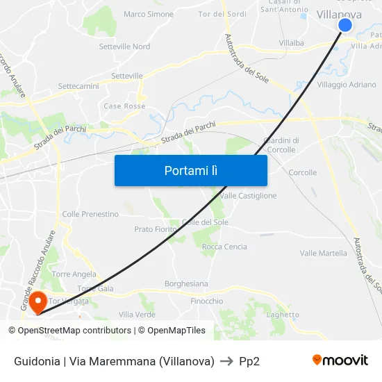 Guidonia | Via Maremmana (Villanova) to Pp2 map