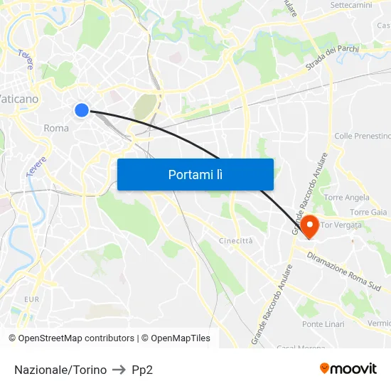 Nazionale/Torino to Pp2 map