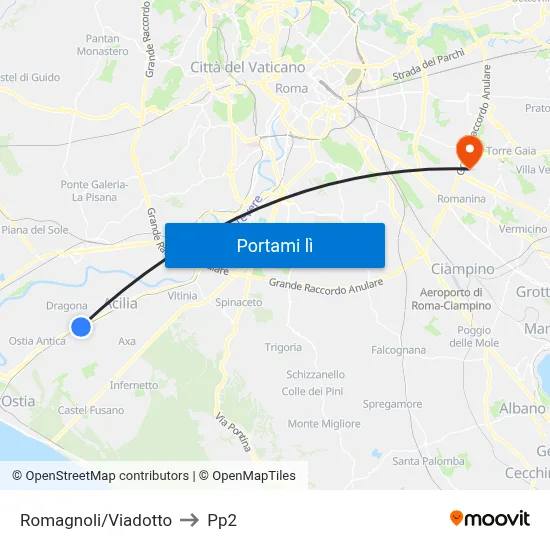 Romagnoli/Viadotto to Pp2 map
