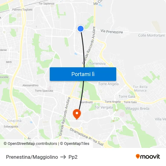 Prenestina/Maggiolino to Pp2 map