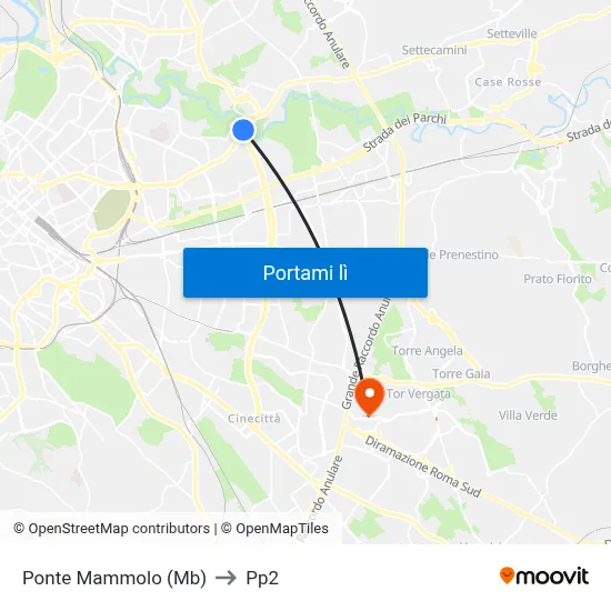 Ponte Mammolo (Mb) to Pp2 map