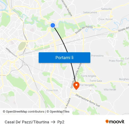 Casal De' Pazzi/Tiburtina to Pp2 map
