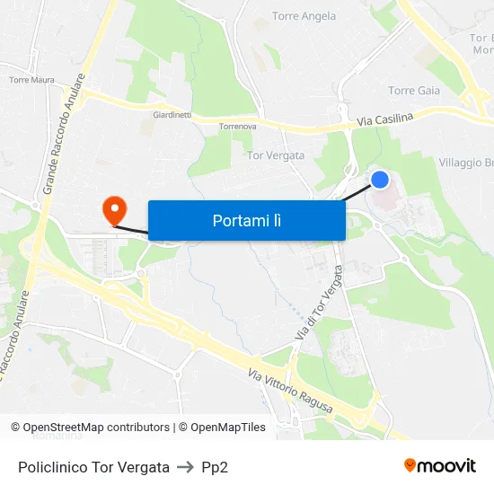 Policlinico Tor Vergata to Pp2 map