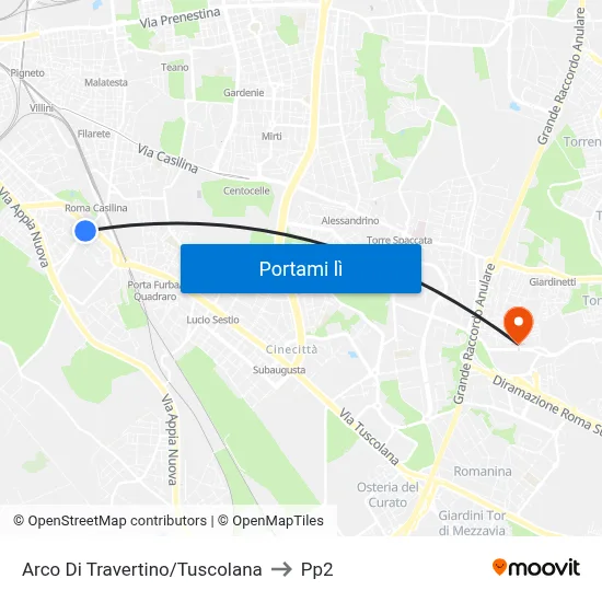 Arco Di Travertino/Tuscolana to Pp2 map