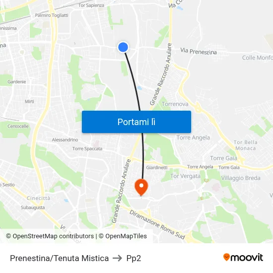 Prenestina/Tenuta Mistica to Pp2 map