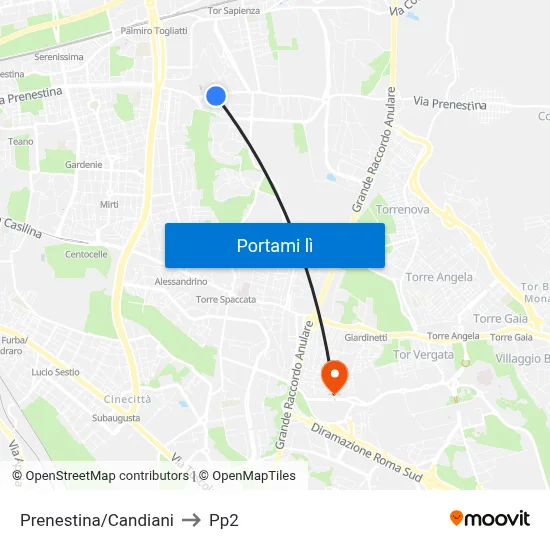 Prenestina/Candiani to Pp2 map