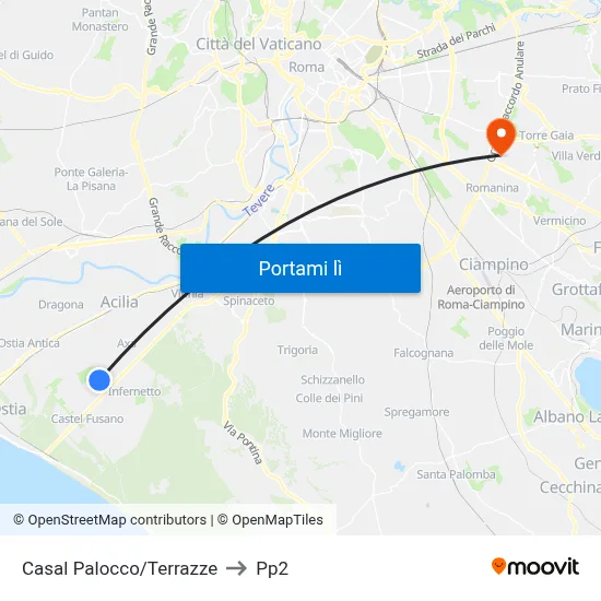 Casal Palocco/Terrazze to Pp2 map