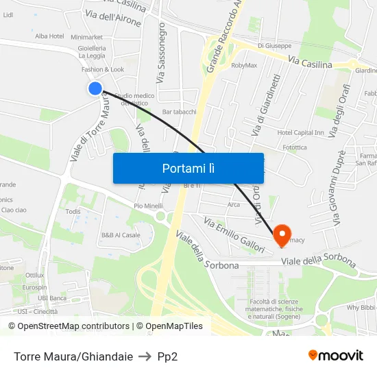 Torre Maura/Ghiandaie to Pp2 map