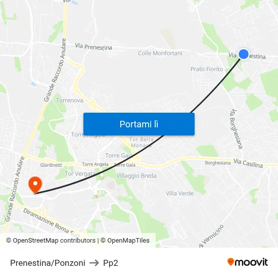 Prenestina/Ponzoni to Pp2 map