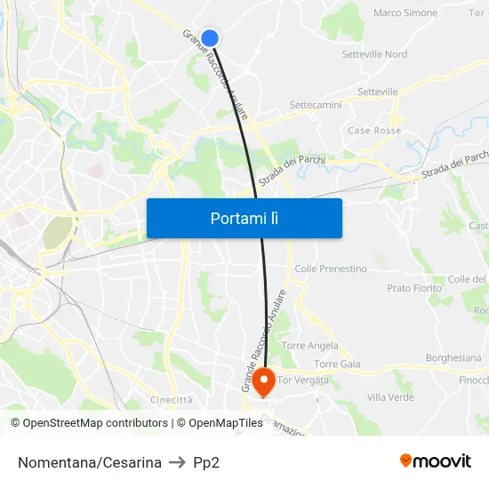 Nomentana/Cesarina to Pp2 map