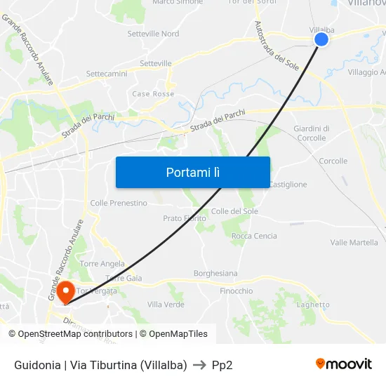 Guidonia | Via Tiburtina (Villalba) to Pp2 map