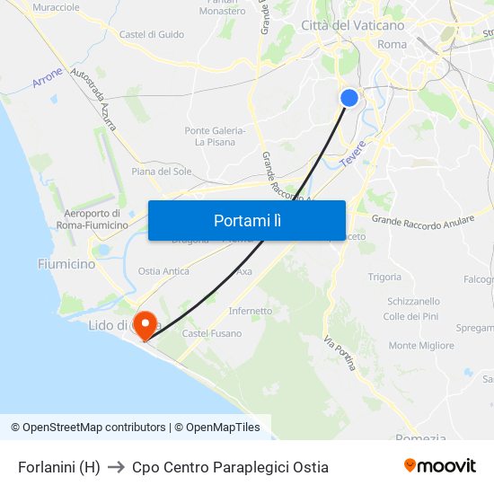 Forlanini (H) to Cpo Centro Paraplegici Ostia map