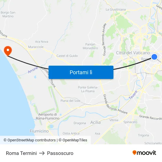 Roma Termini to Passoscuro map