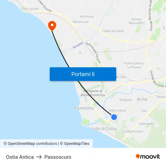 Ostia Antica to Passoscuro map