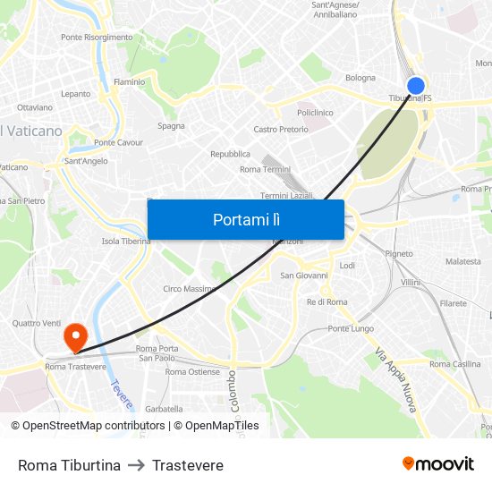 Roma Tiburtina to Trastevere map