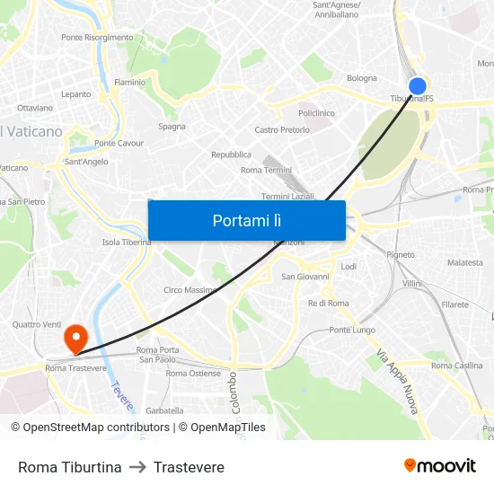 Roma Tiburtina to Trastevere map