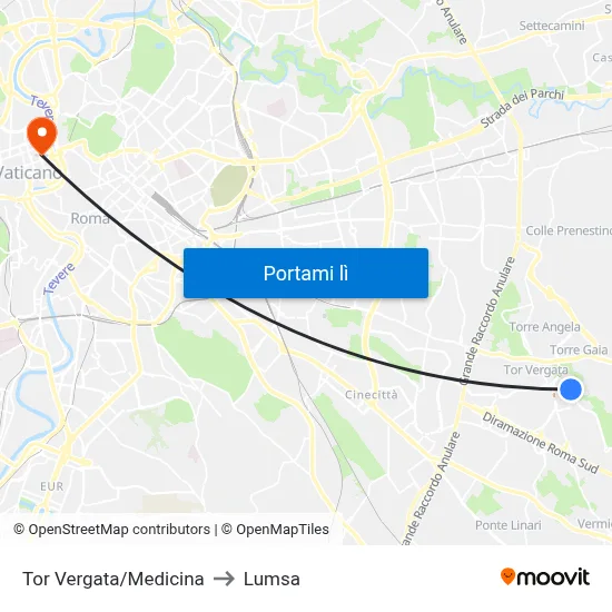 Tor Vergata/Medicina to Lumsa map