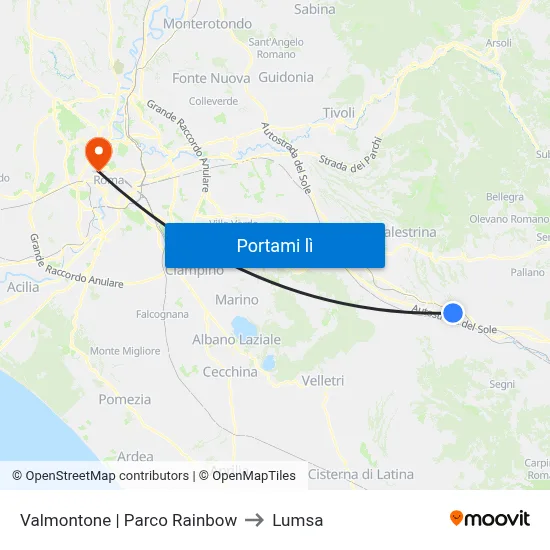 Valmontone | Parco Rainbow to Lumsa map