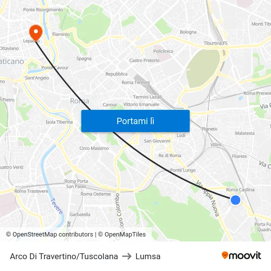 Arco Di Travertino/Tuscolana to Lumsa map