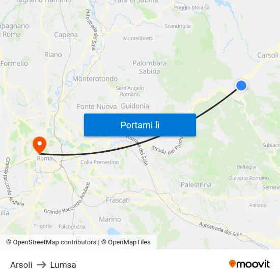 Arsoli to Lumsa map