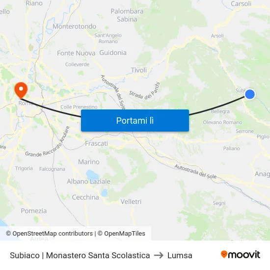 Subiaco | Monastero Santa Scolastica to Lumsa map