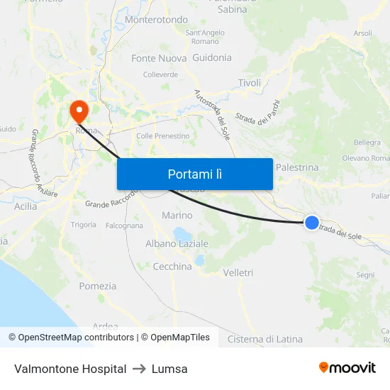 Valmontone Hospital to Lumsa map