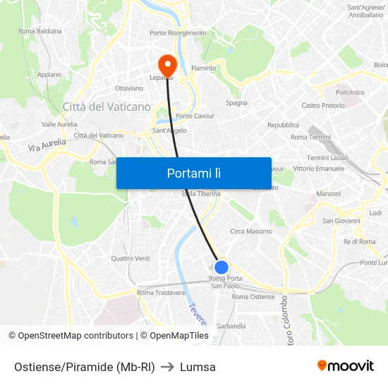 Ostiense/Piramide (Mb-Rl) to Lumsa map