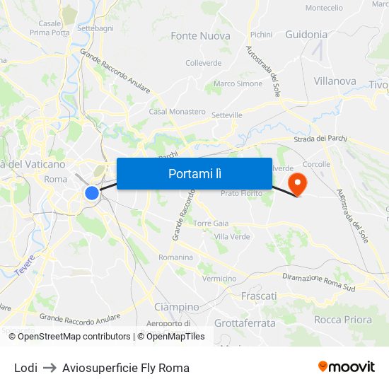 Lodi to Aviosuperficie Fly Roma map