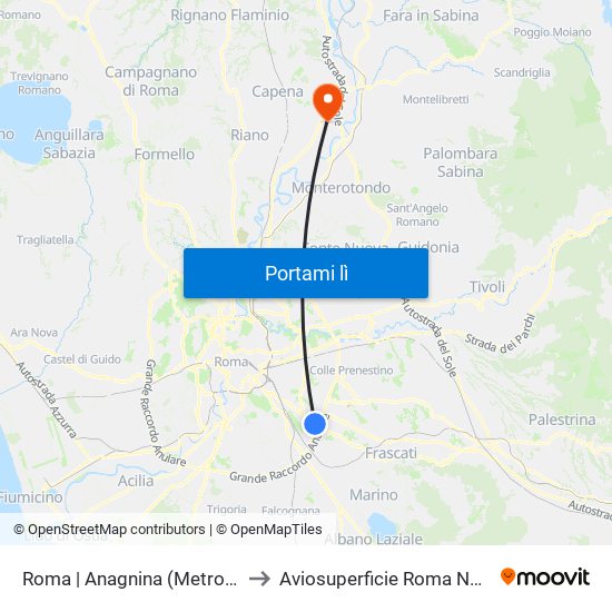 Roma | Anagnina (Metro A) to Aviosuperficie Roma Nord map