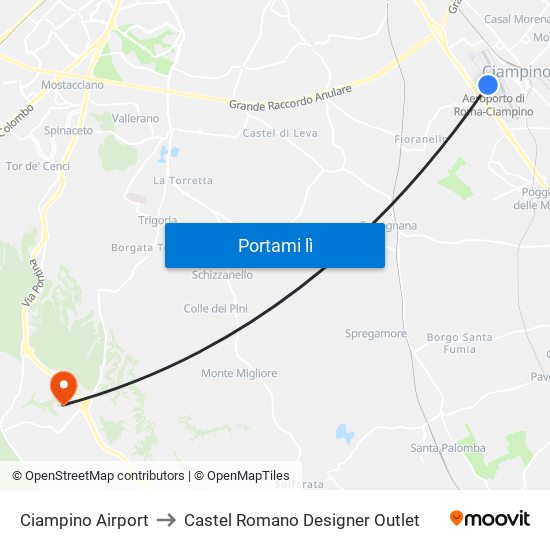 Ciampino Airport to Castel Romano Designer Outlet map