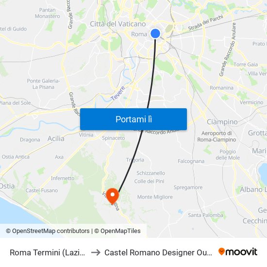 Roma Termini (Laziali) to Castel Romano Designer Outlet map