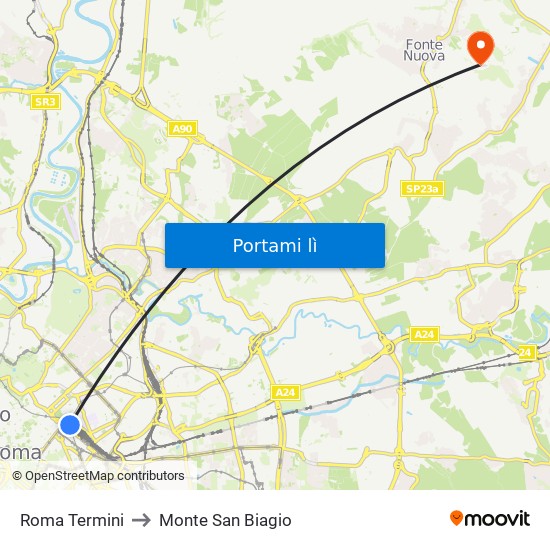 Roma Termini to Monte San Biagio map