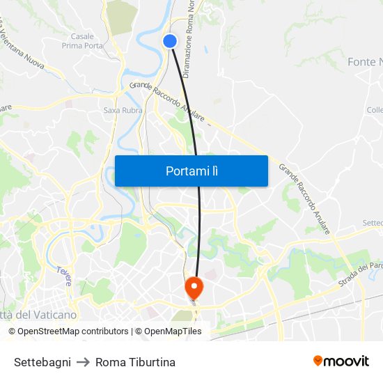 Settebagni to Roma Tiburtina map