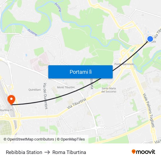 Rebibbia Station to Roma Tiburtina map