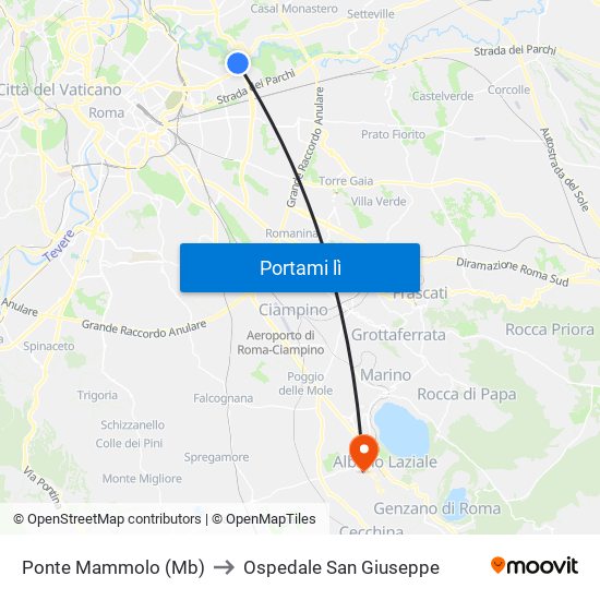 Ponte Mammolo (Mb) to Ospedale San Giuseppe map