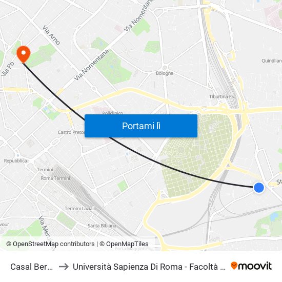 Casal Bertone/Portonaccio to Università Sapienza Di Roma - Facoltà Di Informatica, Sociologia, Scienze Della Comunicazione map