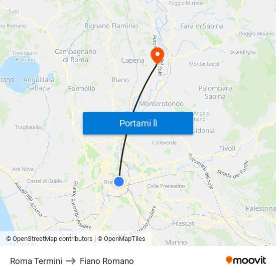 Roma Termini to Fiano Romano map
